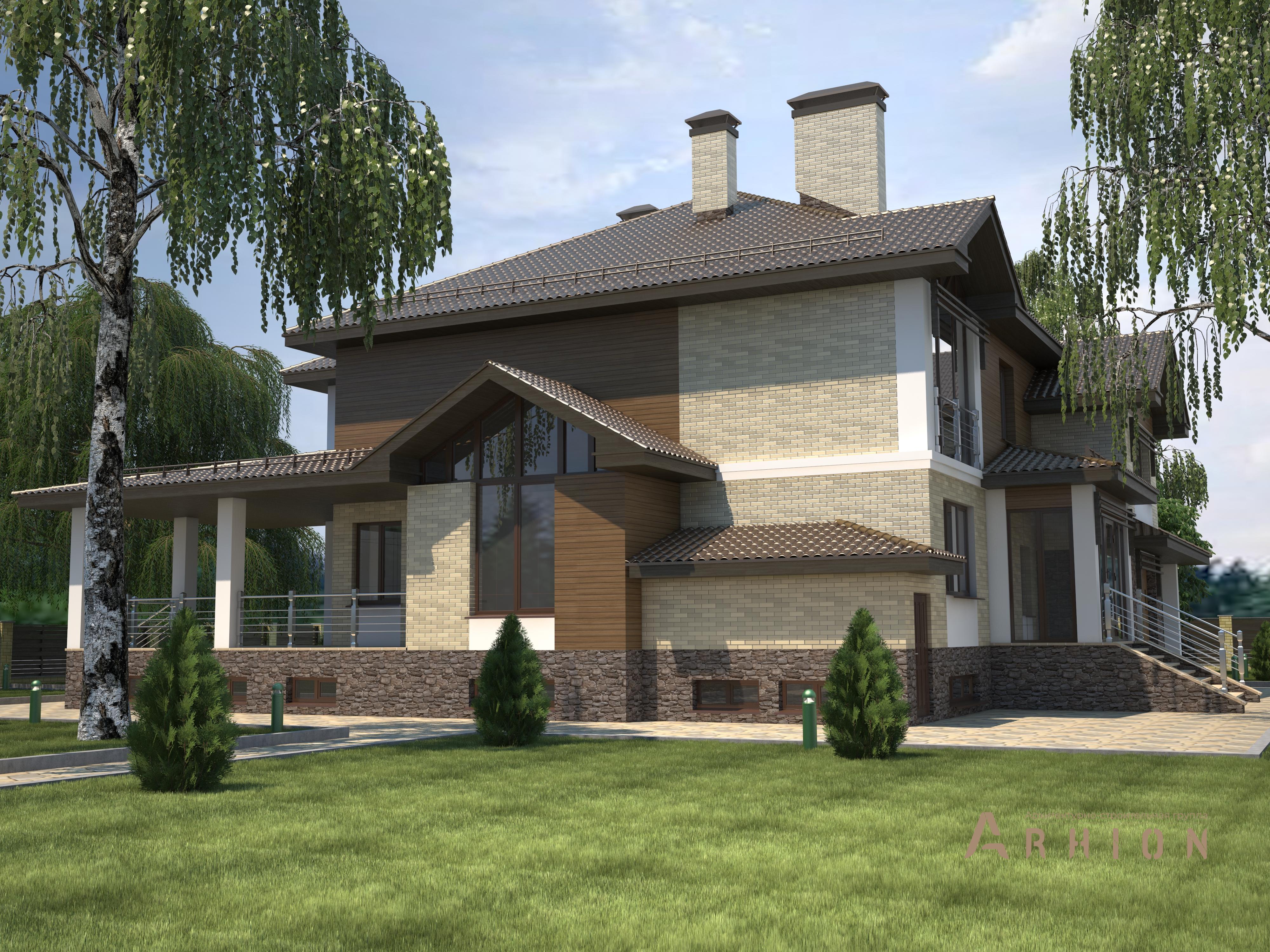 2. Проект двухэтажного дома в английском стиле с многоскатной кровлей, T-29, площадью - 456 кв c цокольным этажом, мансардой, терассой, гаражом, эркером, вторым светом